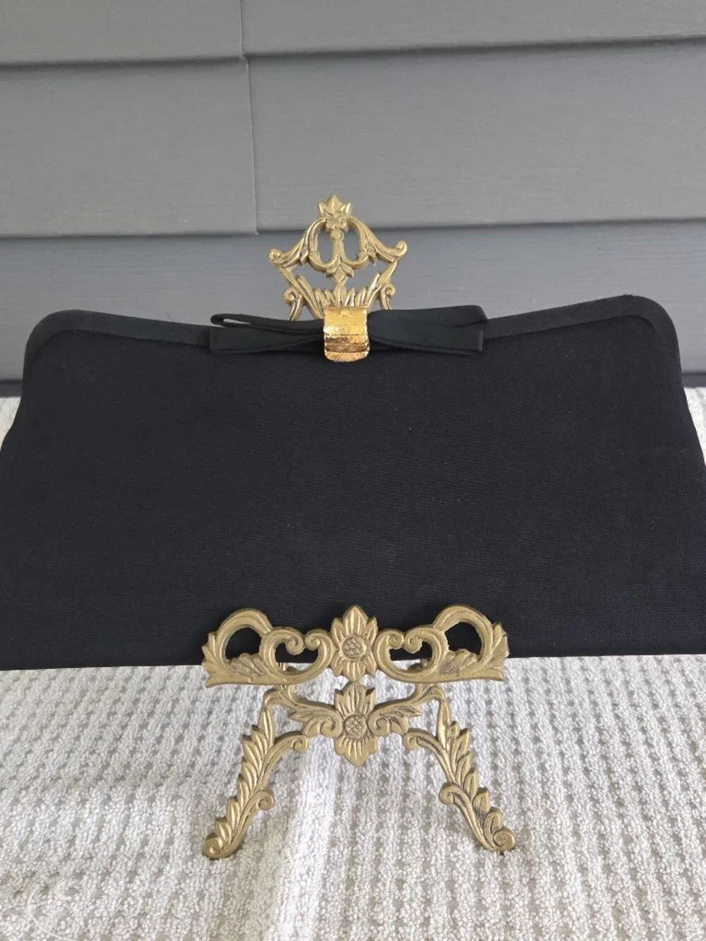 Vintage Black Satin Evening Bag Formal Gold Tone Clasp with Bow Hidden Chain